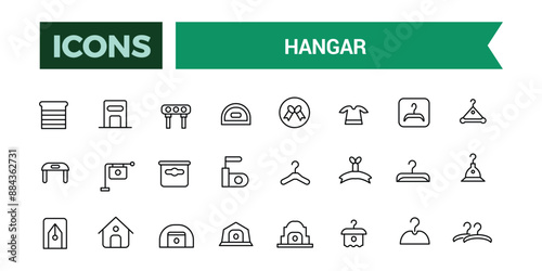 Hangar icons set. Outline set of hangar vector icons for ui design. Outline icons pack. Editable vector line icon set and illustration for web and UI application.