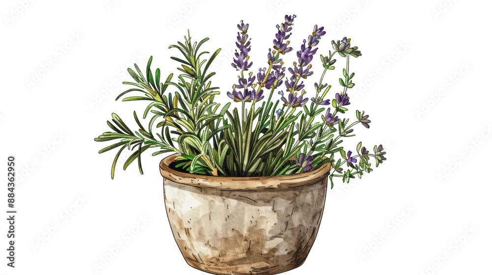 Clipart hand-drawn sticker style, Lavender, rosemary, and thyme in a rustic ceramic pot, Isolated on a pure white background Clipart hand-drawn sticker style, Lavender, rosemary, and thyme in a rustic ceramic pot, Isolated on a pure white background