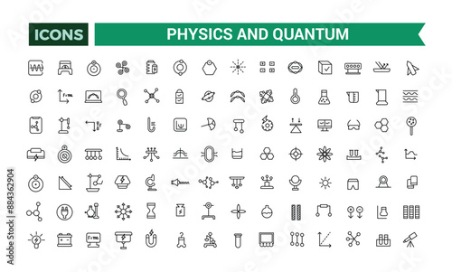 Physics and Quantum icons set. Outline icons pack. Editable vector line icon set and illustration for web and UI application.