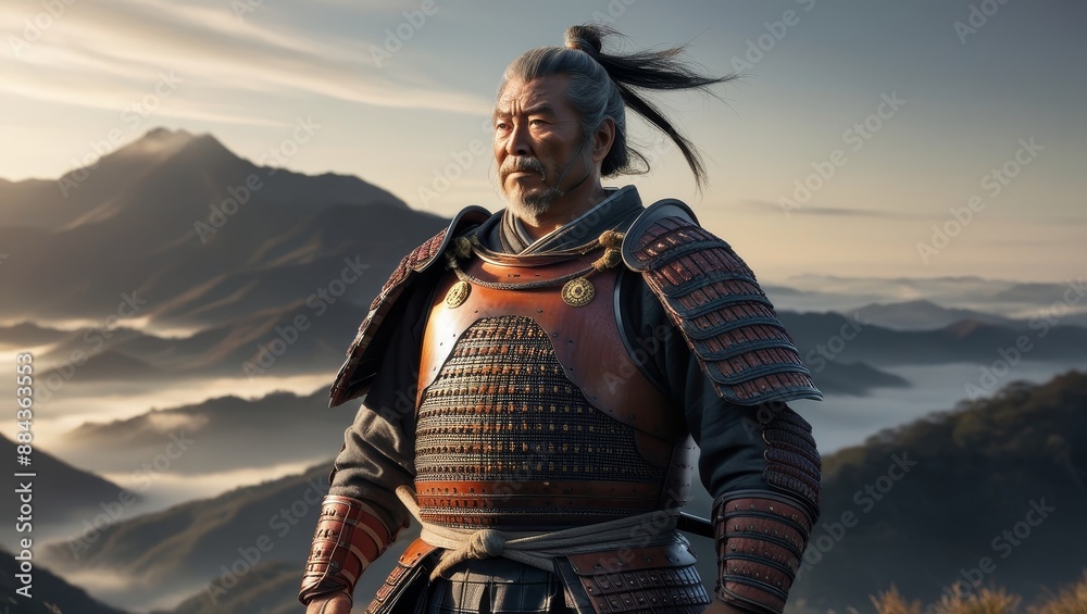 Cinematic photo of a mature samurai warrior in traditional armor, standing proudly against a scenic mountain landscape at sunset. Cinematic photo of a mature samurai warrior in traditional armor, standing proudly against a scenic mountain landscape at sunset.