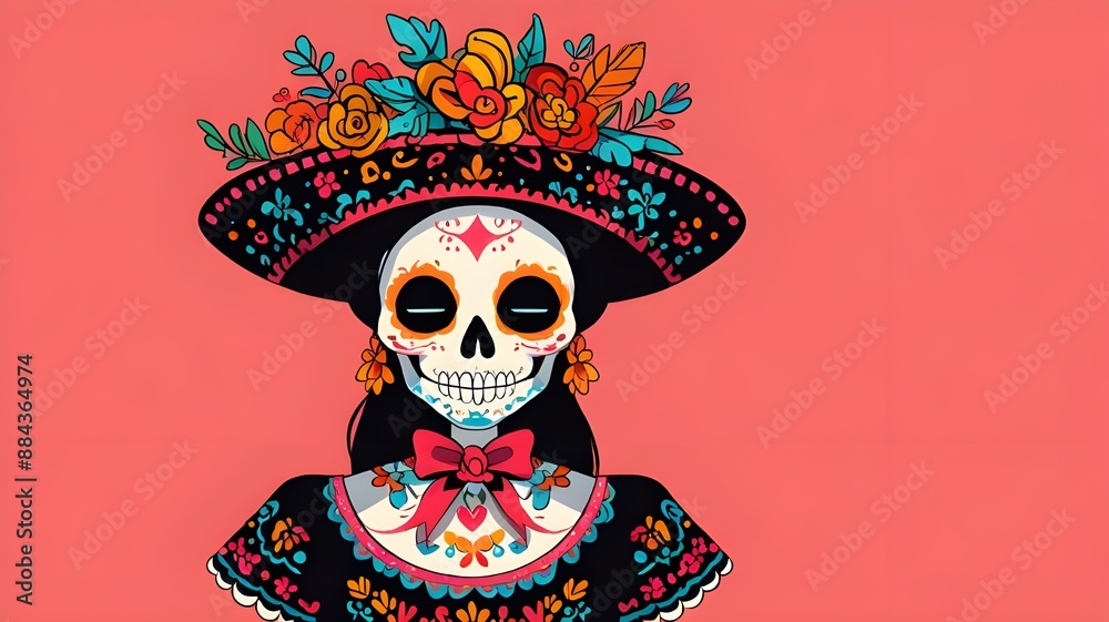 Colorful day of the dead skeleton with traditional mexican costume, day of the dead art. Generative AI. Colorful day of the dead skeleton with traditional mexican costume, day of the dead art. Generative AI.