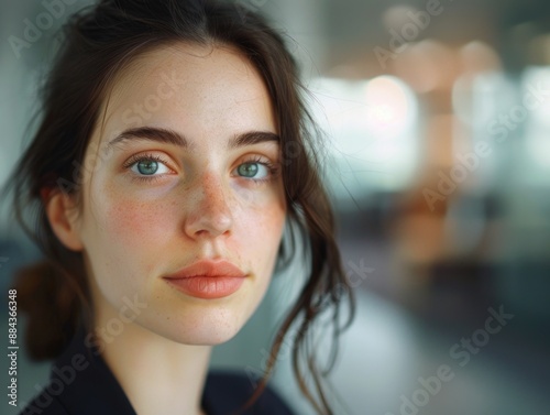 Portrait of a woman with bright blue eyes