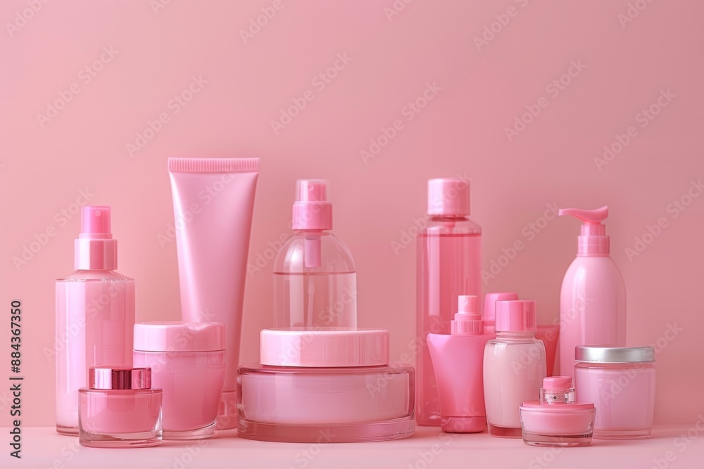 Collection of various pink beauty products on a pastel pink background Collection of various pink beauty products on a pastel pink background