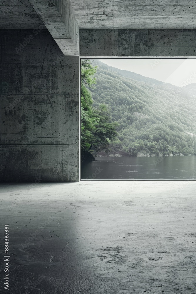 Ultra sharp photo empty concrete room with large window overlooking serene nature background Ultra sharp photo empty concrete room with large window overlooking serene nature background