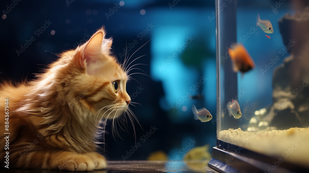 A cat watching fish swim in jar A cat watching fish swim in jar