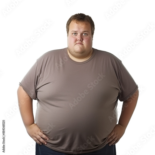 Frustrated overweight man looking to camera isolated on transparent background.