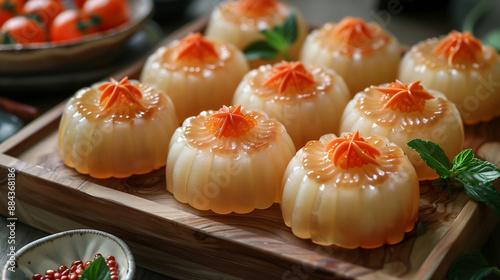 A tray of Luk Chup on a wooden table, Thai dessert photo