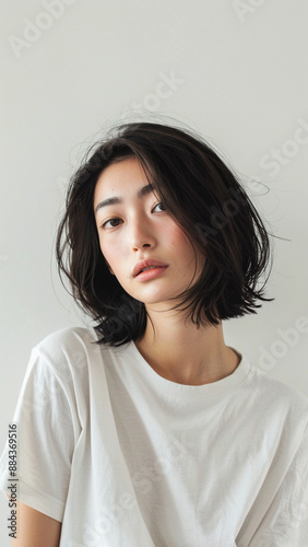 Wallpaper Mural A striking portrait of a young Asian woman wearing an white t-shirt, exuding natural beauty and contemporary style. Torontodigital.ca