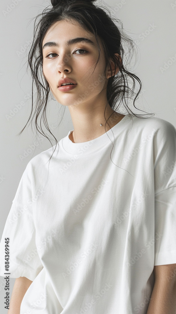 A striking portrait of a young Asian woman wearing an white t-shirt, exuding natural beauty and contemporary style. A striking portrait of a young Asian woman wearing an white t-shirt, exuding natural beauty and contemporary style.