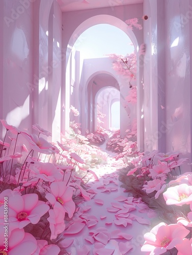 An ethereal path lined with pink flowers beneath majestic arches, inviting a sense of serenity and enchanting wonder. photo