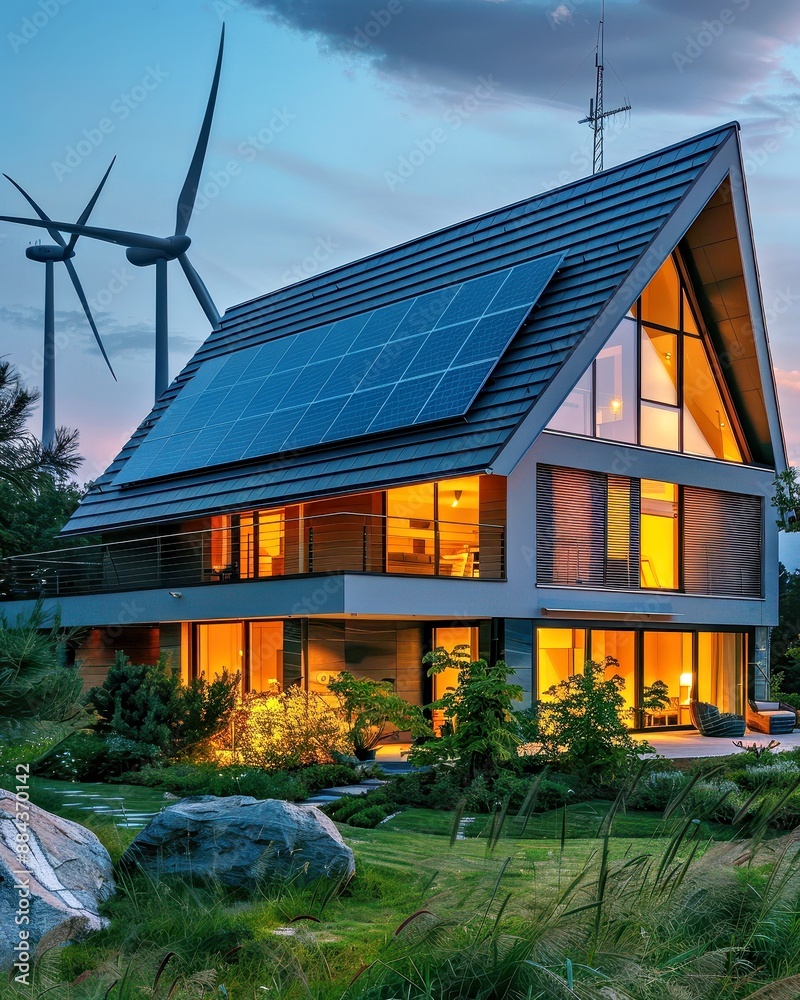Eco-Friendly Modern Home with Solar Panels and Wind Turbines Representing Renewable Energy Innovation Eco-Friendly Modern Home with Solar Panels and Wind Turbines Representing Renewable Energy Innovation
