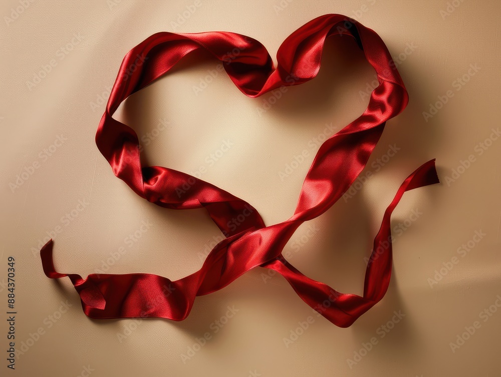 A red ribbon is tied in a heart shape. A red ribbon is tied in a heart shape.