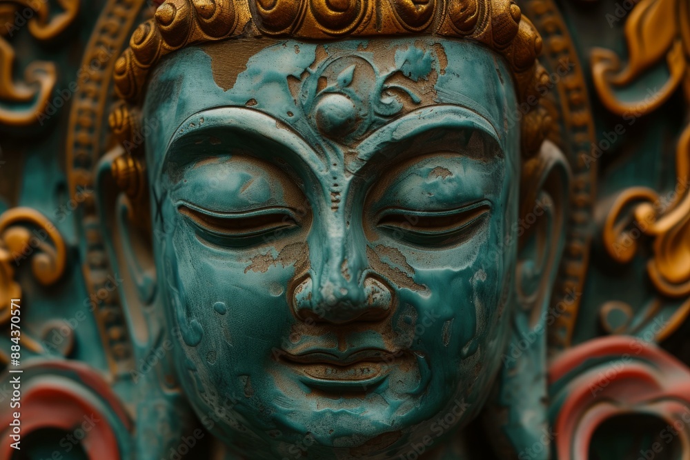 Detailed close-up of a serene turquoise buddha statue with intricate detailing Detailed close-up of a serene turquoise buddha statue with intricate detailing