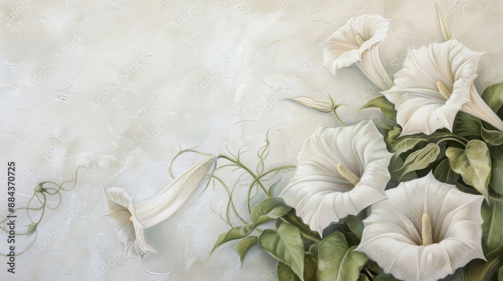 Enchanting Datura Flowers on White Canvas, Ethereal Trumpet-Shaped Blossoms, Right Side Framing, Intoxicating Allure Enchanting Datura Flowers on White Canvas, Ethereal Trumpet-Shaped Blossoms, Right Side Framing, Intoxicating Allure