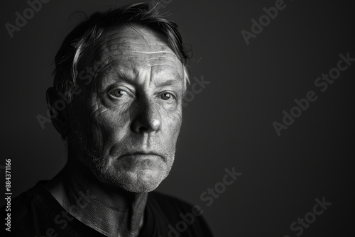Black and white portrait of middle aged educated senior, real people in true life, copy space
