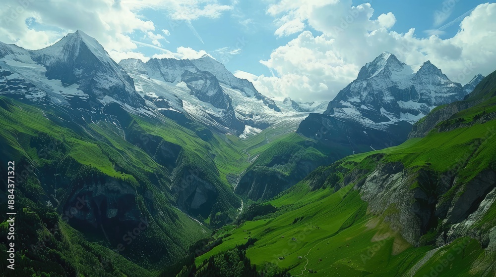 Obraz premium A drone perspective of the Swiss Alps, with towering snow-capped peaks and lush green valleys