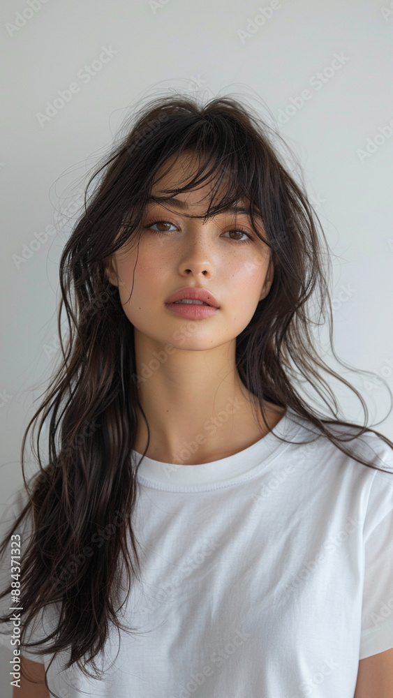 A striking portrait of a young Asian woman wearing an white t-shirt, exuding natural beauty and contemporary style.