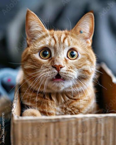 Purrfectly Surprised: Playful Cat Meme in Box with Shocked Expression for Vibrant Humor and Caption Fun photo