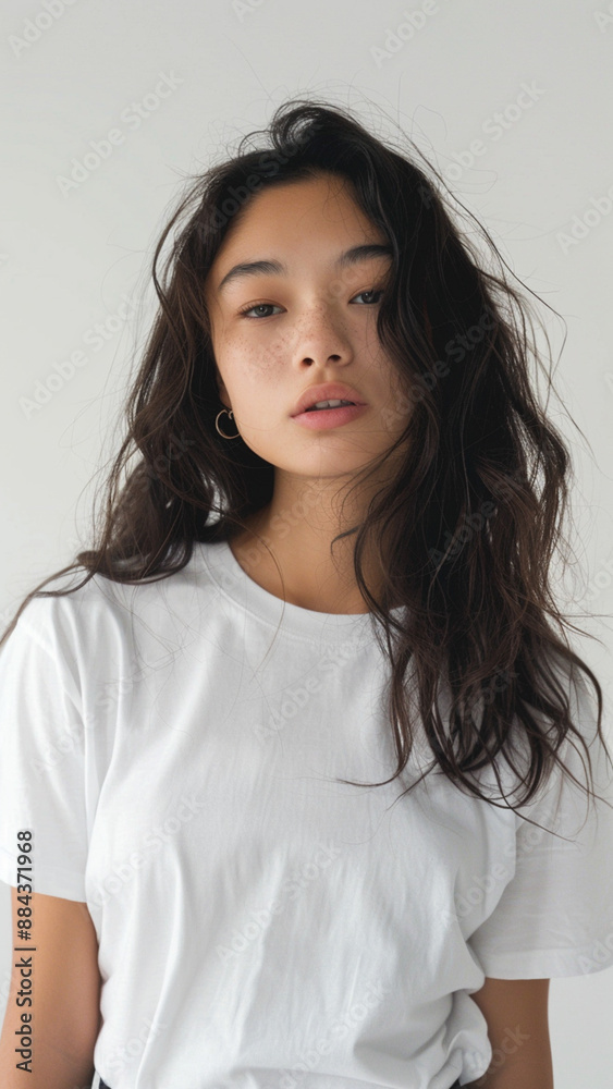 A striking portrait of a young Asian woman wearing an white t-shirt, exuding natural beauty and contemporary style. A striking portrait of a young Asian woman wearing an white t-shirt, exuding natural beauty and contemporary style.
