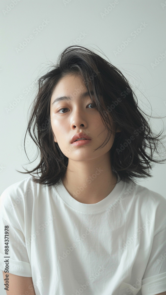 A striking portrait of a young Asian woman wearing an white t-shirt, exuding natural beauty and contemporary style. A striking portrait of a young Asian woman wearing an white t-shirt, exuding natural beauty and contemporary style.