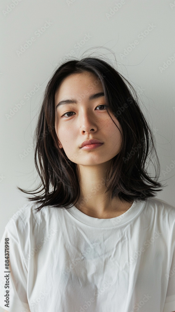 A striking portrait of a young Asian woman wearing an white t-shirt, exuding natural beauty and contemporary style. A striking portrait of a young Asian woman wearing an white t-shirt, exuding natural beauty and contemporary style.