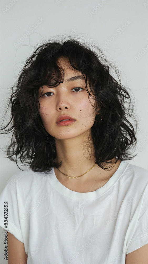 Fototapeta premium A striking portrait of a young Asian woman wearing an white t-shirt, exuding natural beauty and contemporary style.