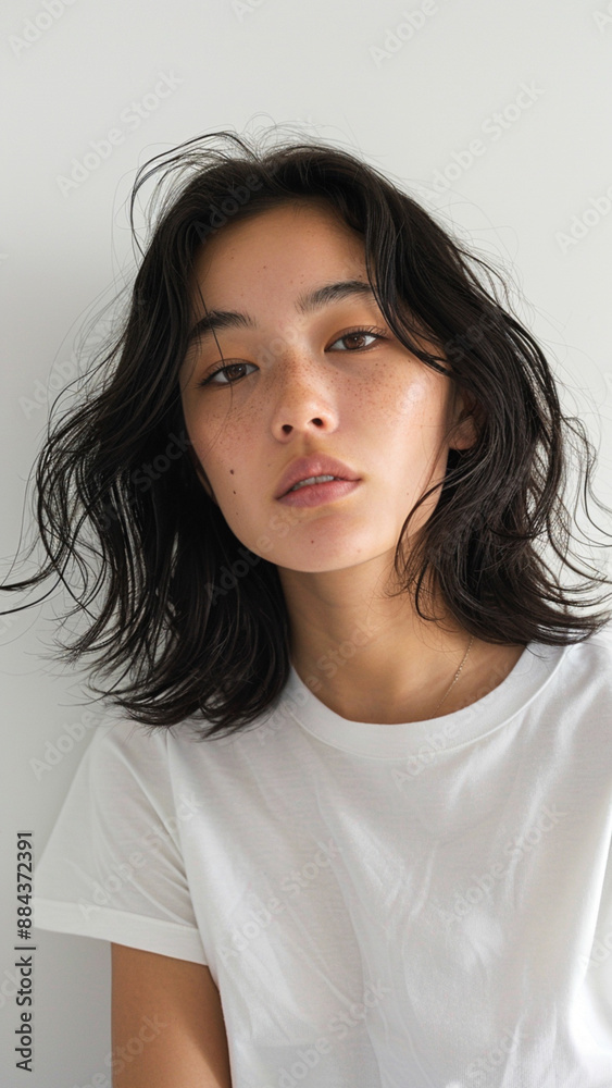 Fototapeta premium A striking portrait of a young Asian woman wearing an white t-shirt, exuding natural beauty and contemporary style.