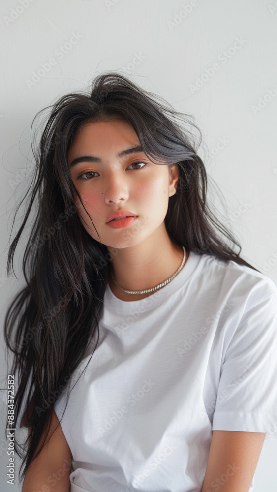 Fototapeta premium A striking portrait of a young Asian woman wearing an white t-shirt, exuding natural beauty and contemporary style.