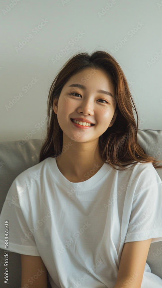 A striking portrait of a young Asian woman wearing an white t-shirt, exuding natural beauty and contemporary style. A striking portrait of a young Asian woman wearing an white t-shirt, exuding natural beauty and contemporary style.