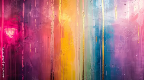 A colorful abstract painting characterized by vertical streaks in a spectrum of vibrant colors and a deeply textural surface. photo