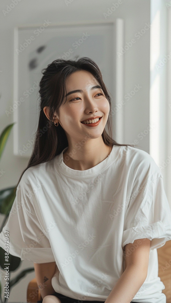 A striking portrait of a young Asian woman wearing an white t-shirt, exuding natural beauty and contemporary style. A striking portrait of a young Asian woman wearing an white t-shirt, exuding natural beauty and contemporary style.