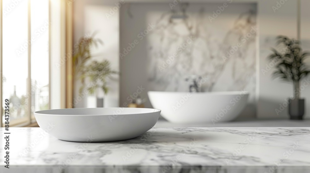 A single white bowl sits atop a sleek marble countertop, perfect for use in home decor or food styling A single white bowl sits atop a sleek marble countertop, perfect for use in home decor or food styling