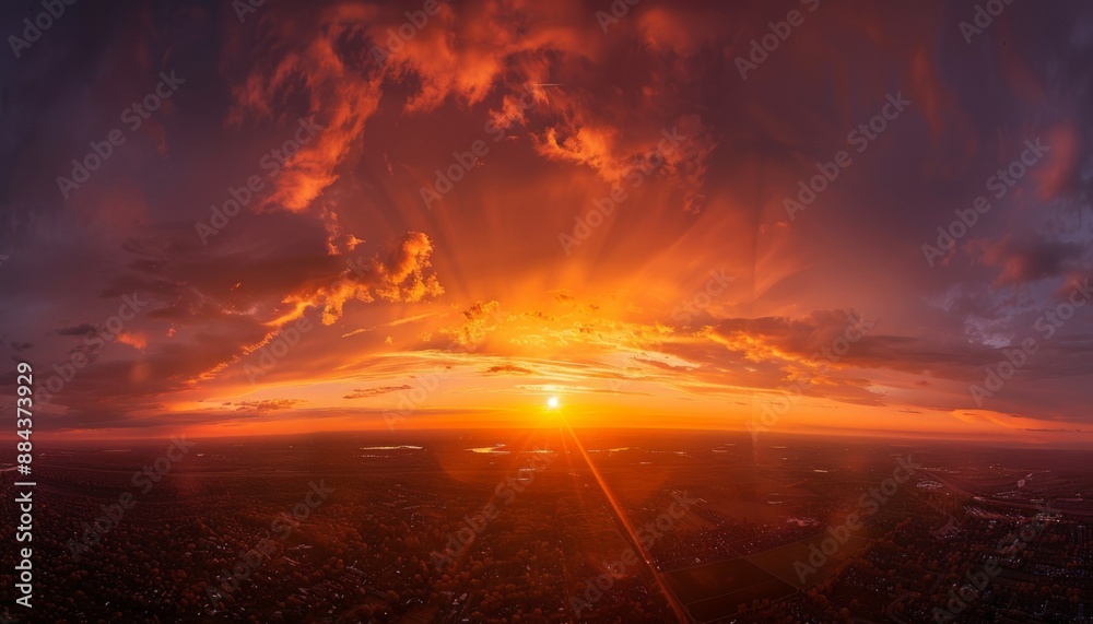 Panoramic view of orange sunset sky with bright sun Vivid colors imbue scene with warmth Panoramic view of orange sunset sky with bright sun Vivid colors imbue scene with warmth