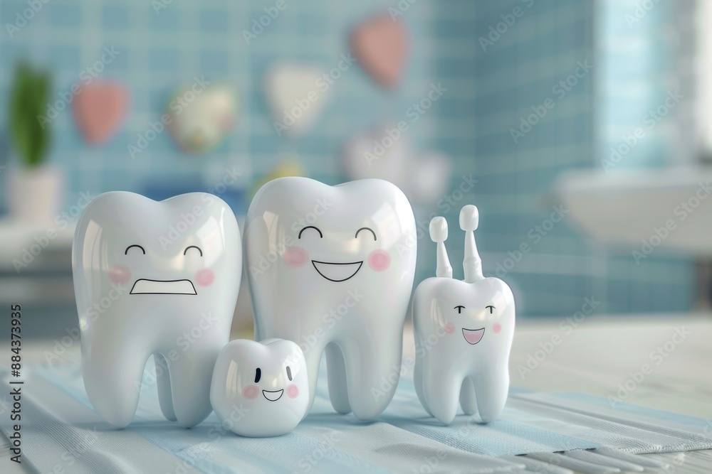 A colorful 3D illustration of a smiling family, showcasing good oral hygiene and dental care. The family members are surrounded by dental tools and accessories. A colorful 3D illustration of a smiling family, showcasing good oral hygiene and dental care. The family members are surrounded by dental tools and accessories.