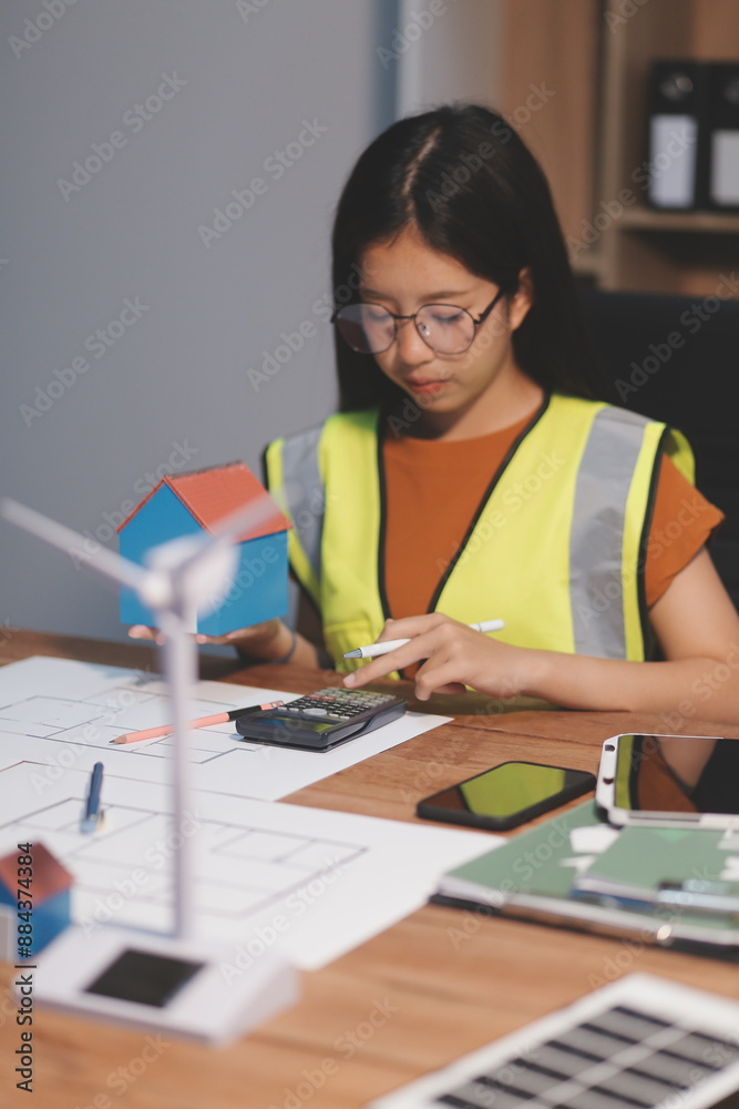 Female architect working at home She looked at the blueprint. Female architect working at home She looked at the blueprint.