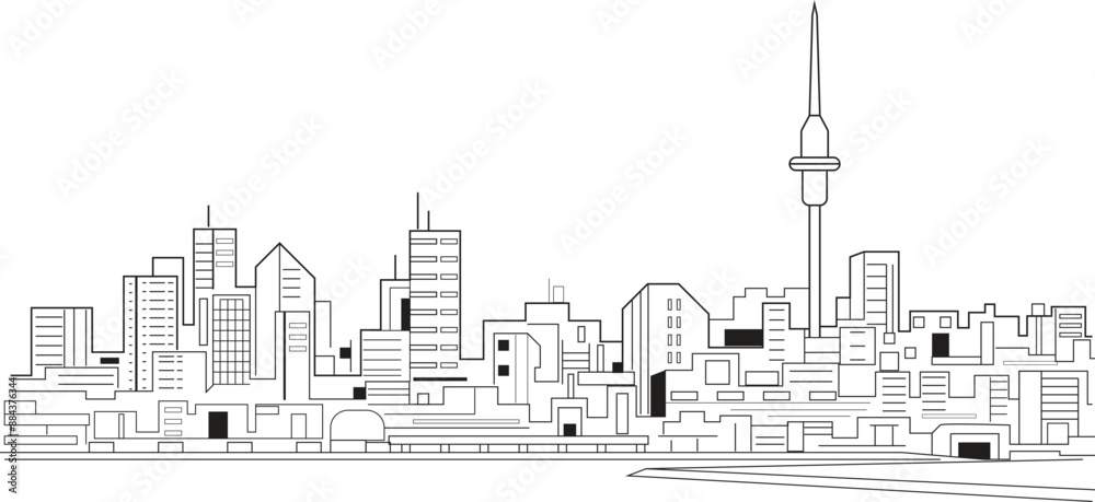 City Skyline, Line art illustration, hand drawn in thin line style City Skyline, Line art illustration, hand drawn in thin line style