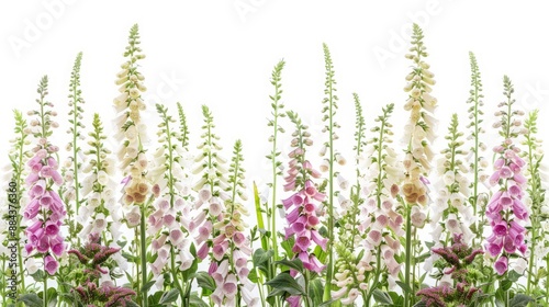 Exquisite Foxglove Composition, Tall Spires Laden with Vibrant Bell Flowers, Left Border of White Canvas, Wild Beauty Evoked