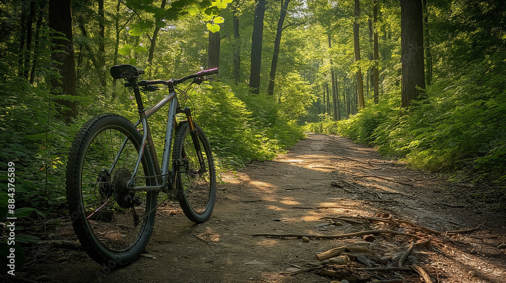 A bicycle parked on a dirt path surrounded by lush green trees. The bicycle appears to be a mountain bike with thick tires, a prominent front wheel, and a comfortable-looking saddle A bicycle parked on a dirt path surrounded by lush green trees. The bicycle appears to be a mountain bike with thick tires, a prominent front wheel, and a comfortable-looking saddle