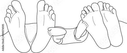 Happy familiy in bed, mother father and baby feet under blanket, hand drawn in thin line style