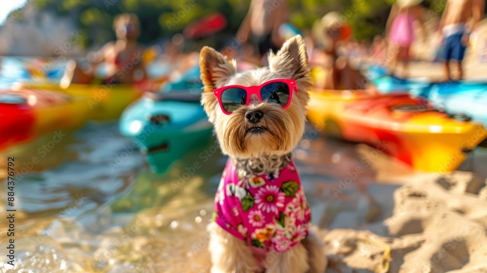A dog wearing sunglasses and a flowery shirt is sitting in the sand