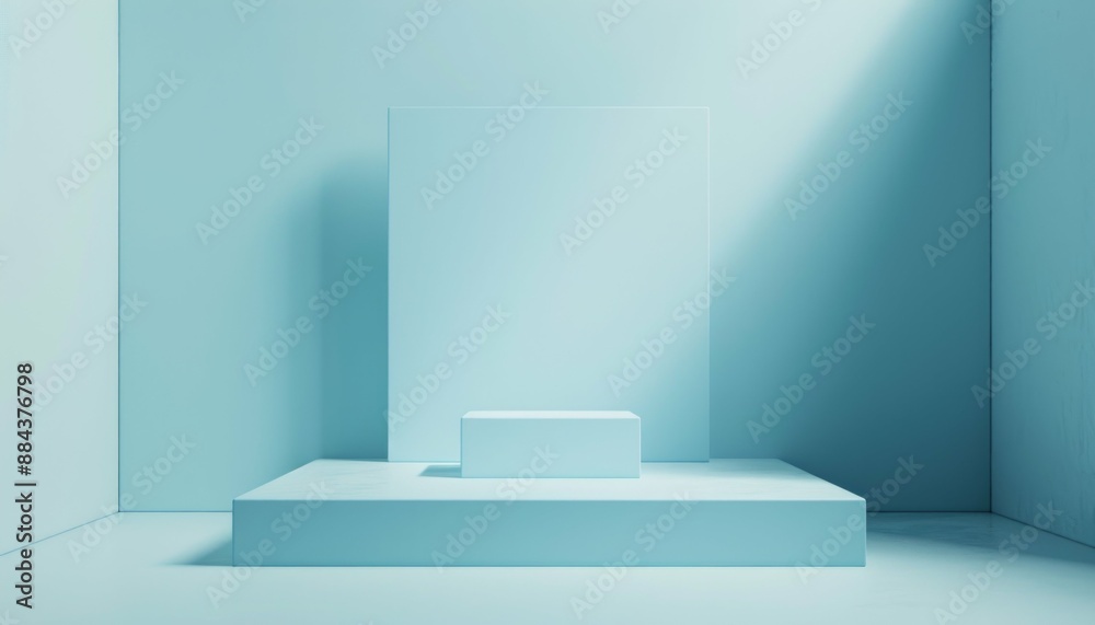 A serene baby blue square frame podium, perfect for cosmetics mockup products A serene baby blue square frame podium, perfect for cosmetics mockup products