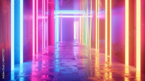 Futuristic corridor filled with neon lights in various vibrant colors creating a hypnotic and glowing effect.