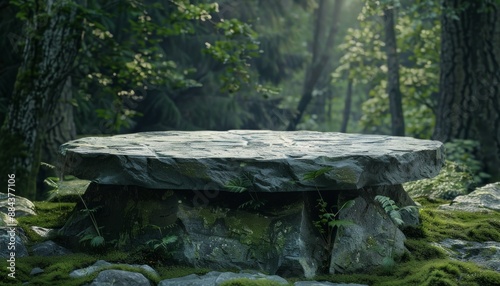 A serene natural rock stone podium nestled in an eco-conscious forest landscape Ideal for promoting