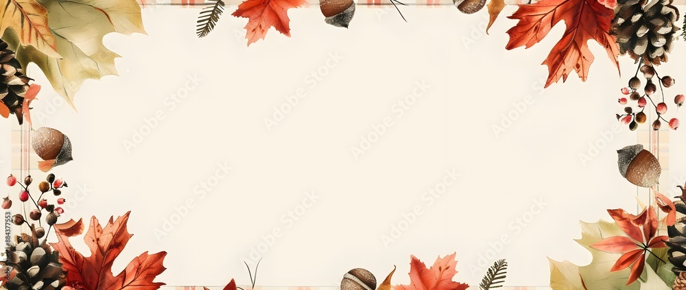 Autumn Plaid Botanical Border Frame with Leaves Acorns and Pinecones in Earthy Color Scheme