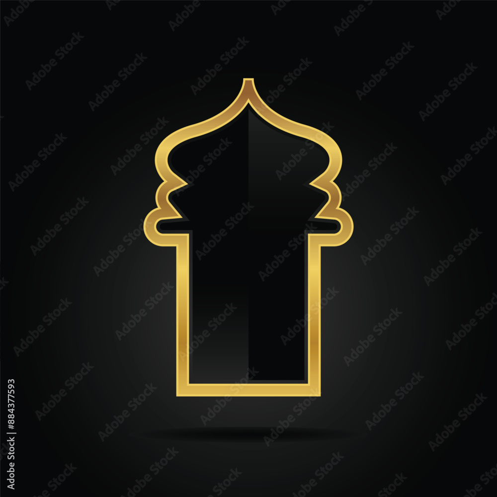 Fototapeta premium Islam mosque windows and arches vector illustration. Abstract isolated of gold frames with a shadow in different shapes on black background