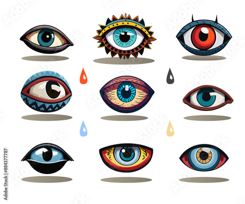 Mystical colorful eyes of monsters in vector cartoon style