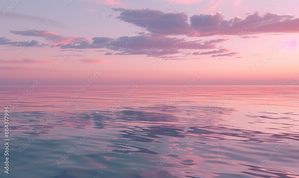 Obraz premium serene sunset over the ocean, with the sky painted in soft pink and purple hues and the calm water reflecting the colors