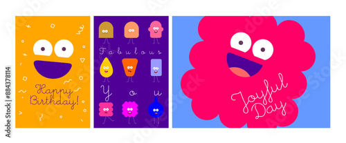 Cheerful birthday card designs with bold characters and bright colors, ideal for joyful birthday wishes.