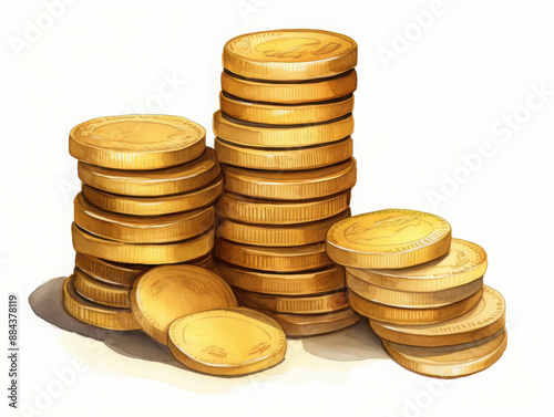 A stack of golden coins piled high, representing wealth, prosperity, and financial success with a shiny and attractive appearance. photo