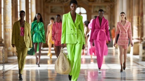 A group of women are walking down a hallway in a building, all wearing bright photo